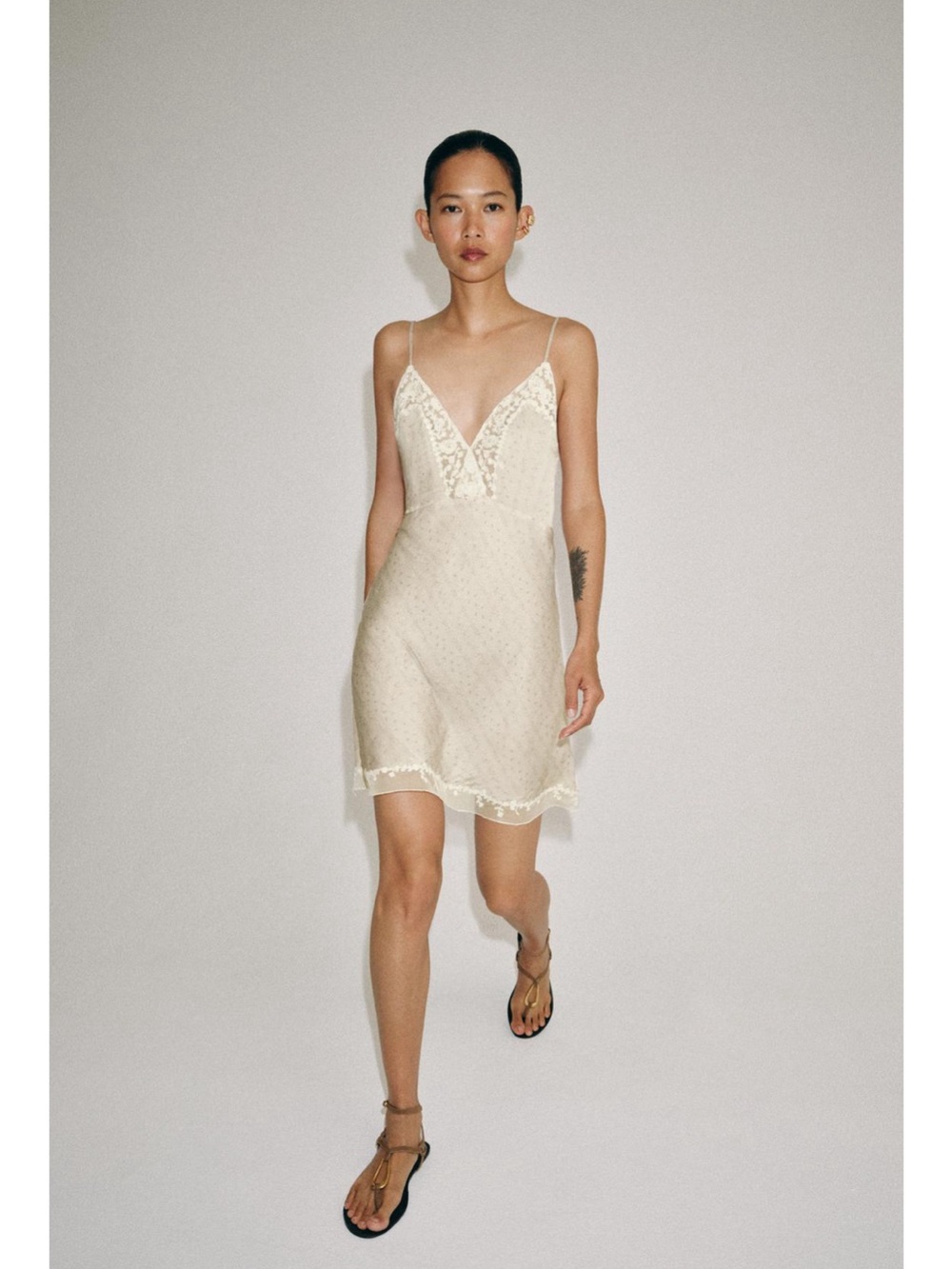 Zara Cream Lace-Trim Embroidered Slip Dress